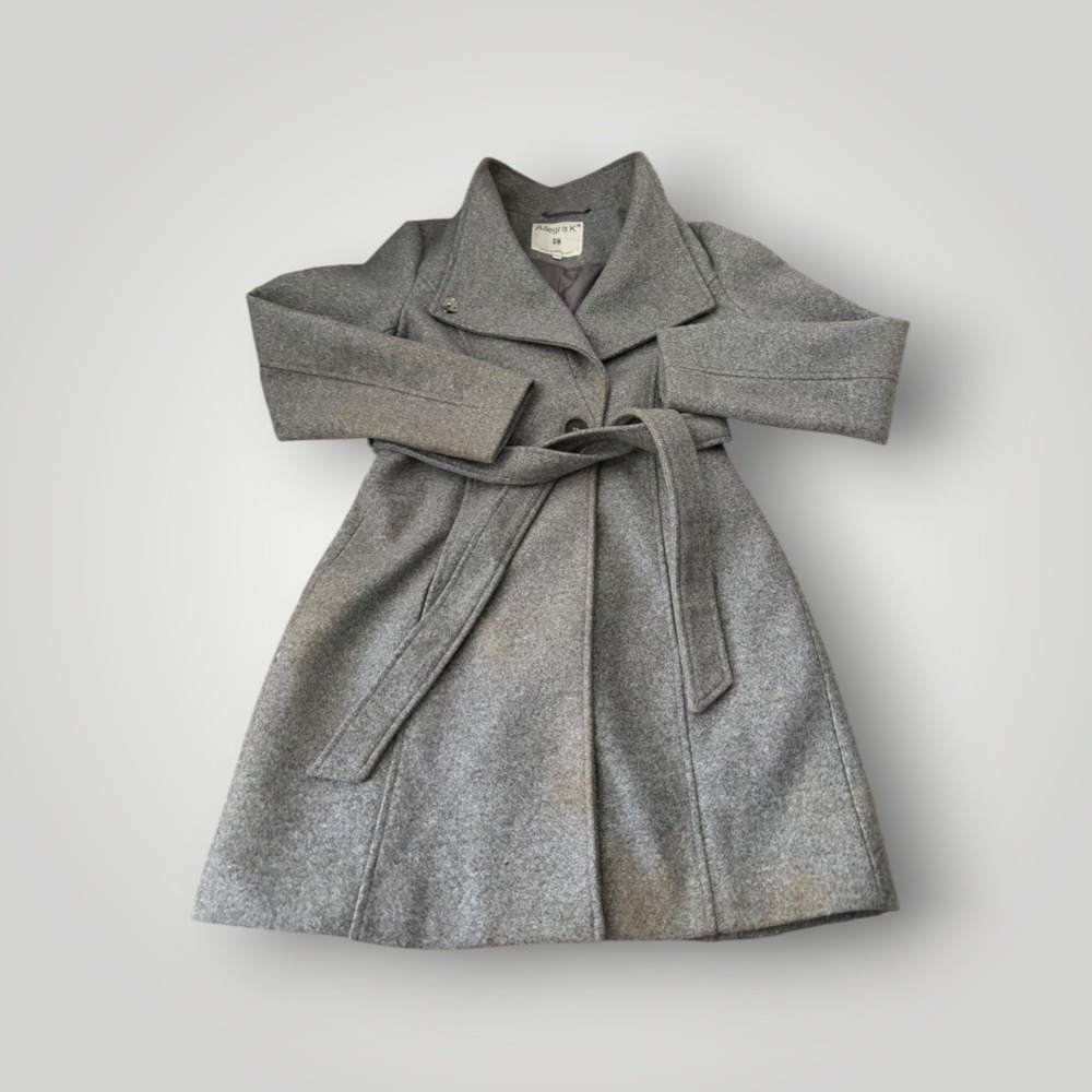 Allegra K Wrap Coat Women XS Gray Belted Overcoat Trench Minimalist Quiet Luxury - Picture 3 of 11